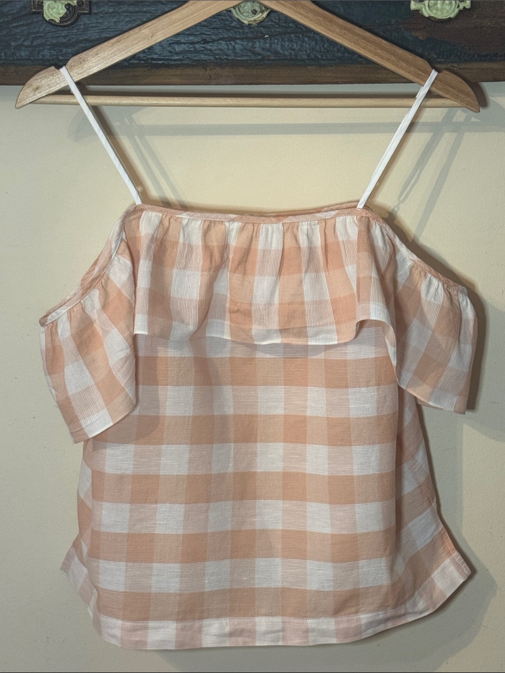 Club Monaco Peach and White Gingham Ruffle Off-The-Shoulder Tank Top Size Small - Picture 12 of 16